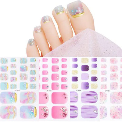 New Toe Nail Stickers Press On Full Cover Foot Nail Wraps Summer Holiday Butterfly Love Dimonds Finished Toenail Patch Tips Art