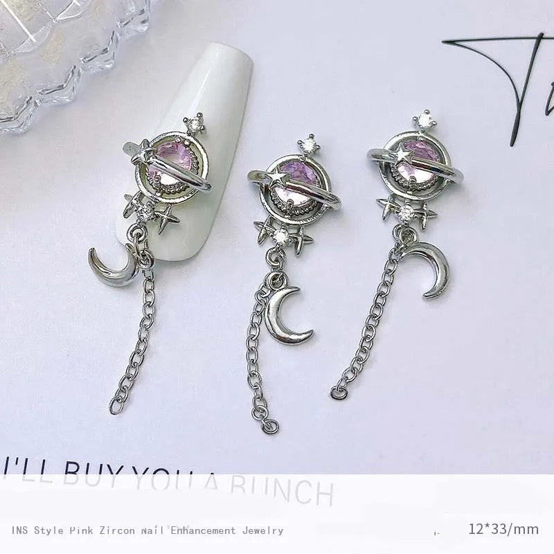 5pcs Pink Zircon Alloy Love Nail Art Charm 3D Bow Heart Moon Butterfly Planet Nail Decoration DIY Simple Design Nail Accessories