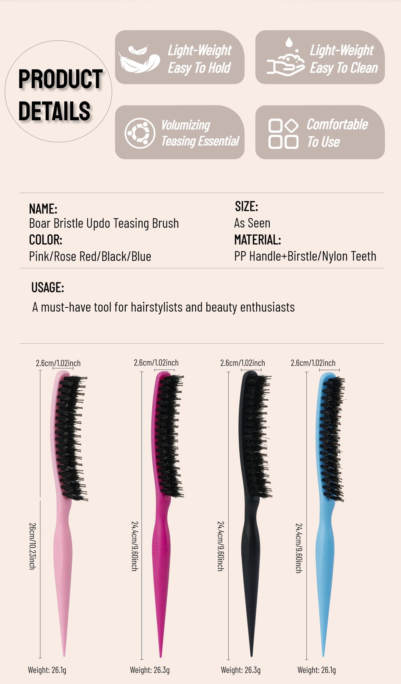 1Pcs Professional Teasing Backcomb Hair Brush - Volumizing & Lift Styling Tool for Big Hair, Updos & Wedding Styles
