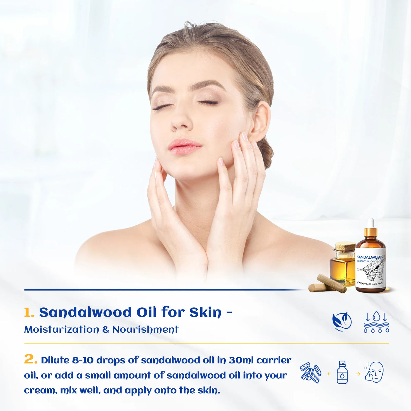 HIQILI 100ML Pure Sandalwood Essential Oil Lavender Jasmine Eucalyptus Peppermint Ylang Ylang Frankincense (Choose Scent)