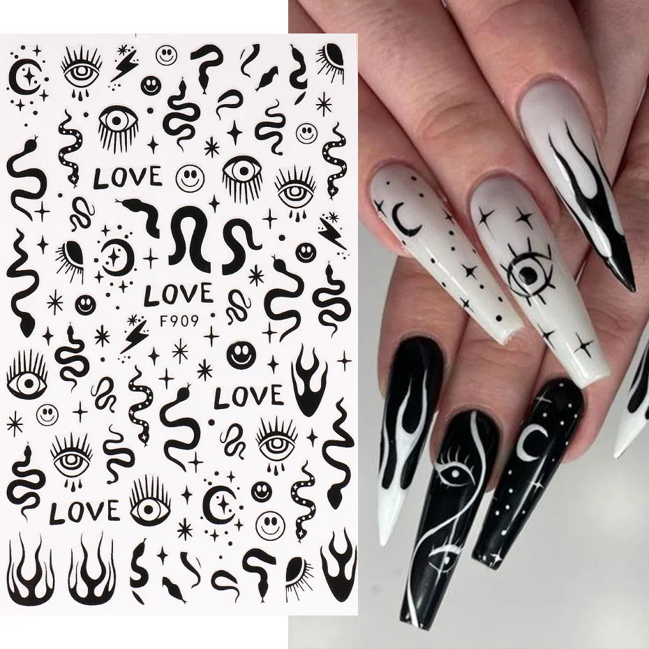 Black White Line Flower 3D Nail Sticker Nail Art Supplies Bronzing Geometric Pattern Sticker Nail Decals Nail Parts Manicure