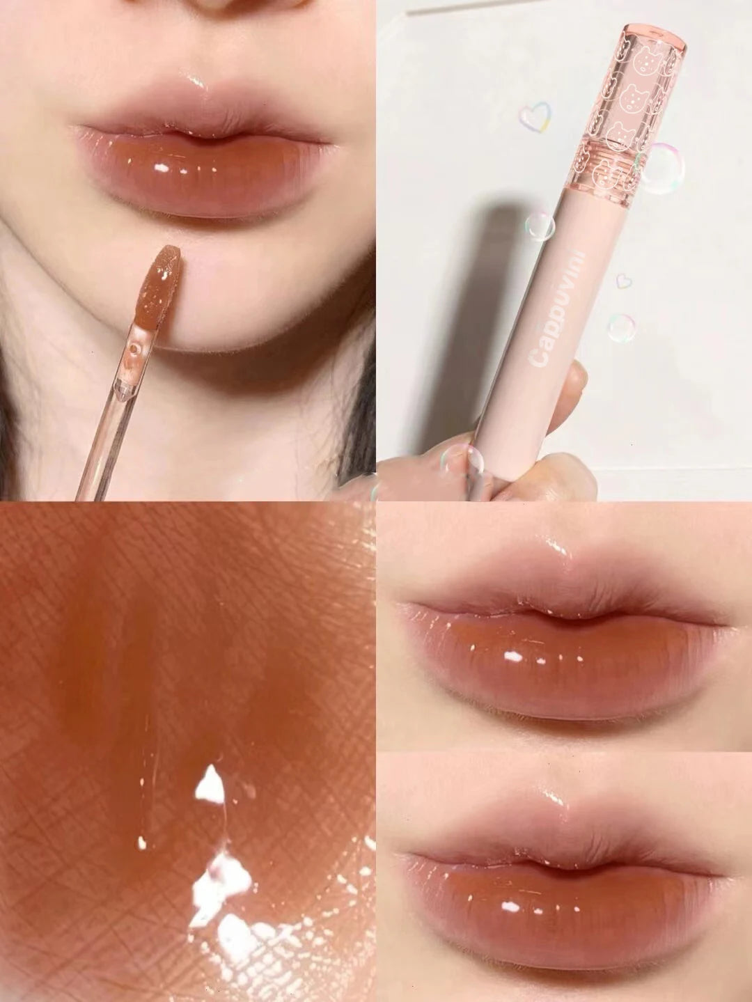 Cherry Pink Mirror Water Lip Gloss Waterproof Nude Brown Clear Tint Glass Lip Oil Liquid Lipstick for Makeup