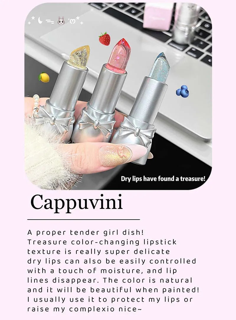 Cappuvini Sweet and Cool Bow Thermochromic Lipstick is a moisturizing and hydrating lip balm that reduces lip lines and changes