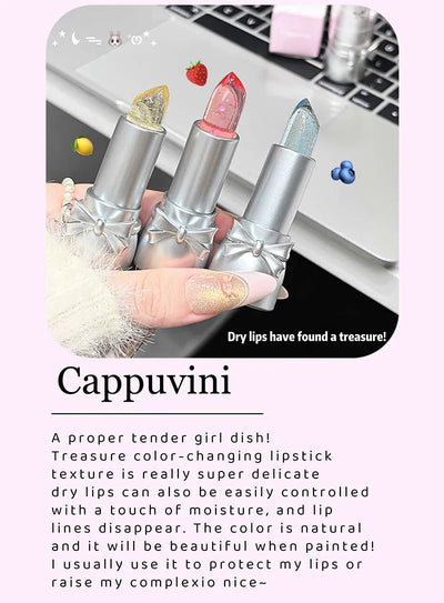 Cappuvini Sweet and Cool Bow Thermochromic Lipstick is a moisturizing and hydrating lip balm that reduces lip lines and changes