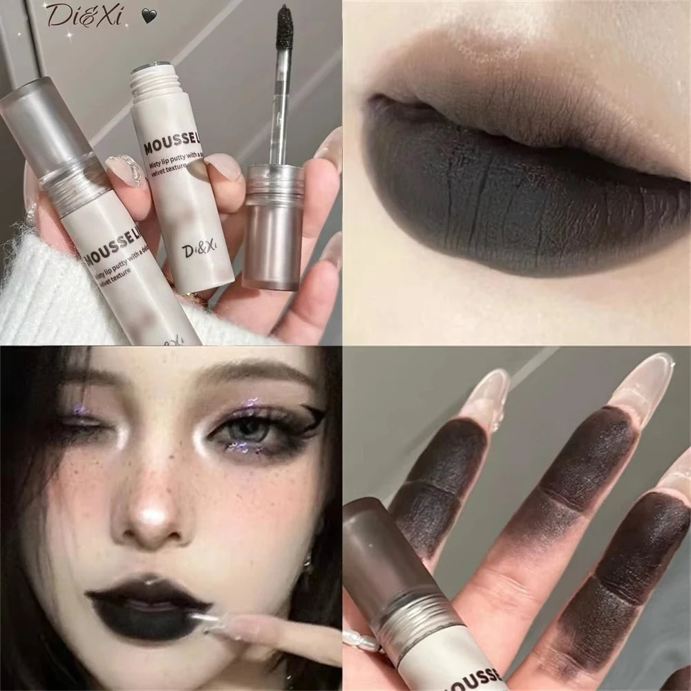 Gothic Matte Black Lipstick Waterproof Mousse Lip Mud Nude Brown Lipstick Moisturize Silky Gloss Makeup Non-stick Lips Tint