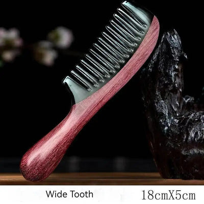 Handmade Natural Green Sandalwood with Buffalo Horn Hair Comb Anti-Static Fine Wide Tooth Hair Detangler Head Scalp Massage