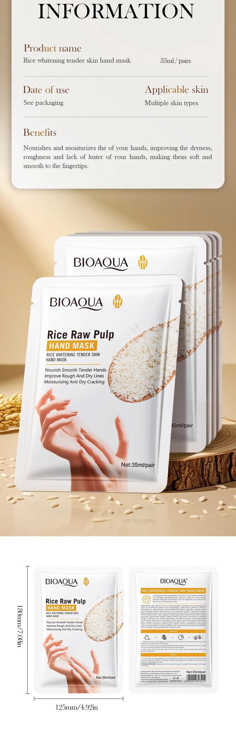 BIOAQUA Whte Rice Hand Mask Moisturizing Whitening Nourishing Anti-aging Hydrating Hand Gloves for Hands Skin Care Products