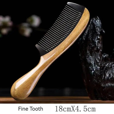 Handmade Natural Green Sandalwood with Buffalo Horn Hair Comb Anti-Static Fine Wide Tooth Hair Detangler Head Scalp Massage
