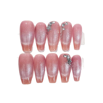 Handmade Fake Nails Short Round Head Flower Designed Press on Nails Pink Wearable False Nails Tips for Women Girls DIY Manicure