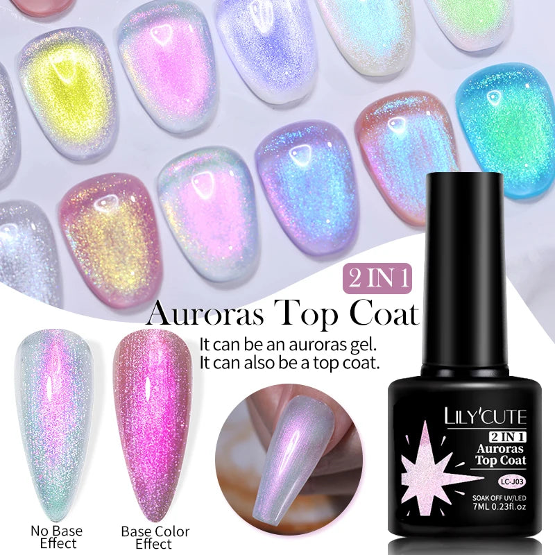 Lilycute Auroras Effect Gel Nail Polish Top Coat Summer Purple Spar Glitter Laser Semi Permanent Soak Off Nail Art Gel Varnish