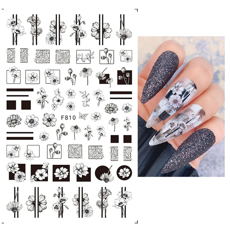 Black White Line Flower 3D Nail Sticker Nail Art Supplies Bronzing Geometric Pattern Sticker Nail Decals Nail Parts Manicure