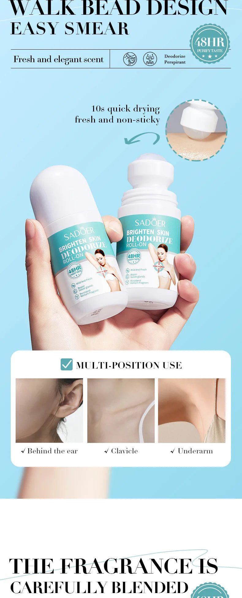 SADOER Deodorizing Body Lotion Roll-On Bead Deodorize Armpits Refreshing Body Skin Brightening Underarm Anti Sweating Odor Cream