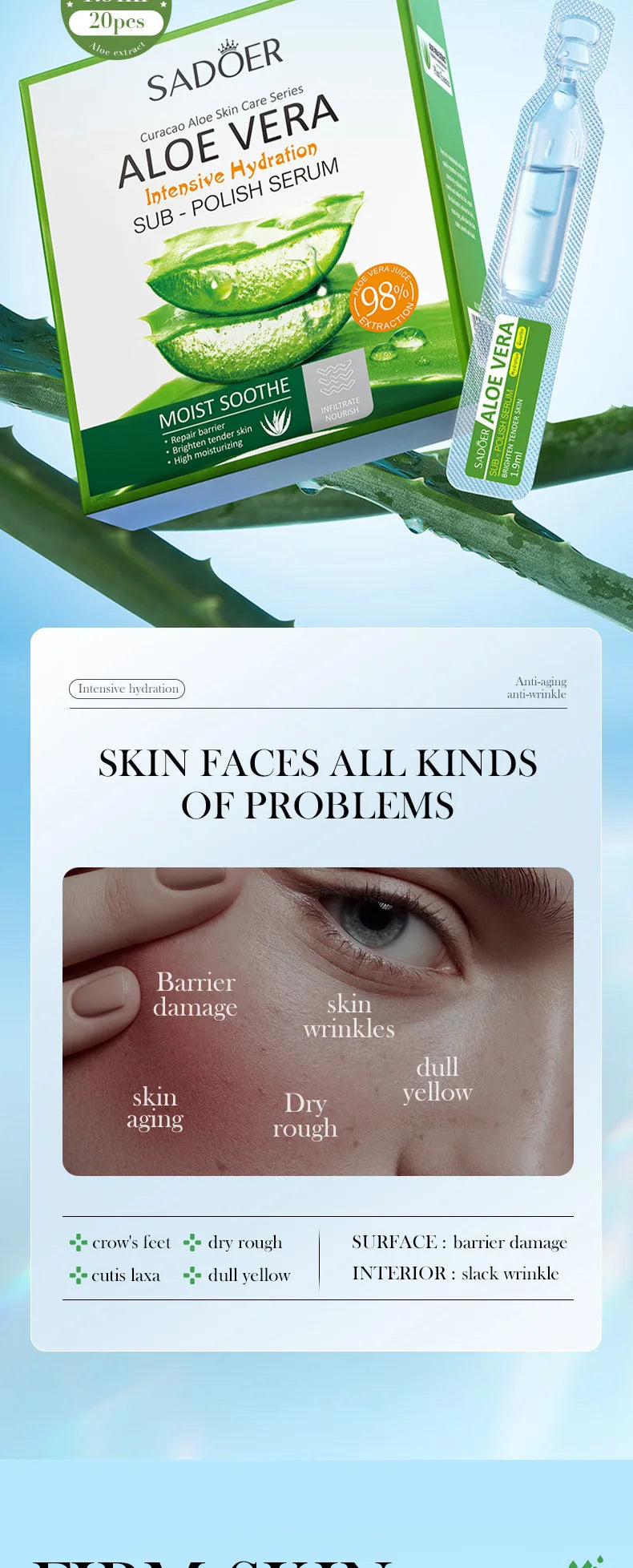 SADOER Aloe Vera Anti Aging Face Serum Moisturizing Brightening Firming Hydrating Facial Essence Beauty Face Skin Care Products