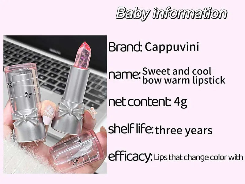 Cappuvini Sweet and Cool Bow Thermochromic Lipstick is a moisturizing and hydrating lip balm that reduces lip lines and changes