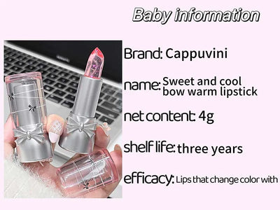 Cappuvini Sweet and Cool Bow Thermochromic Lipstick is a moisturizing and hydrating lip balm that reduces lip lines and changes