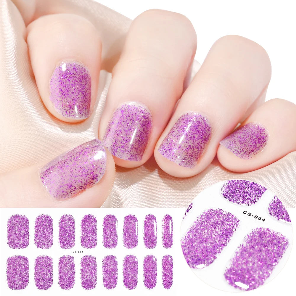Semi-Cured Gel Nail Sticker 16Tips Glitter Pink UV Gel Nail Glitter Stickers Full Cover Long-Lasting UV Lamp Cured Manicure Tips
