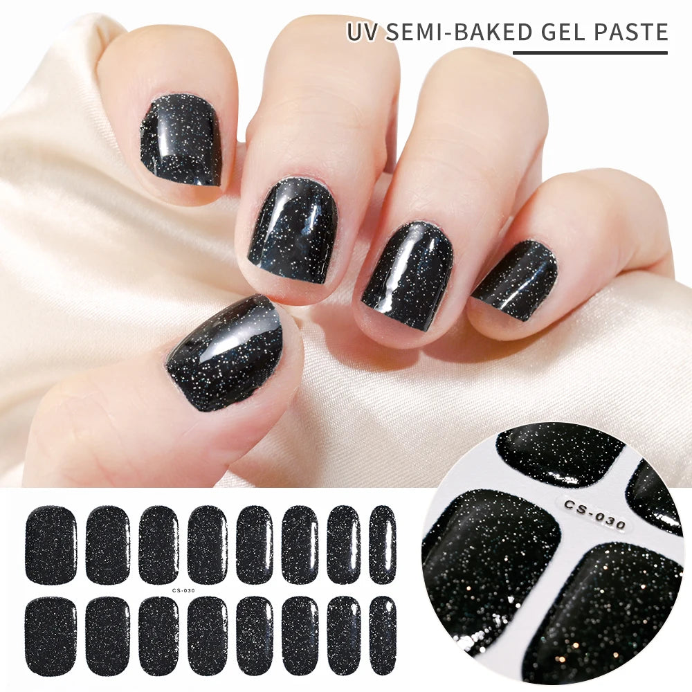 Semi-Cured Gel Nail Sticker 16Tips Glitter Pink UV Gel Nail Glitter Stickers Full Cover Long-Lasting UV Lamp Cured Manicure Tips