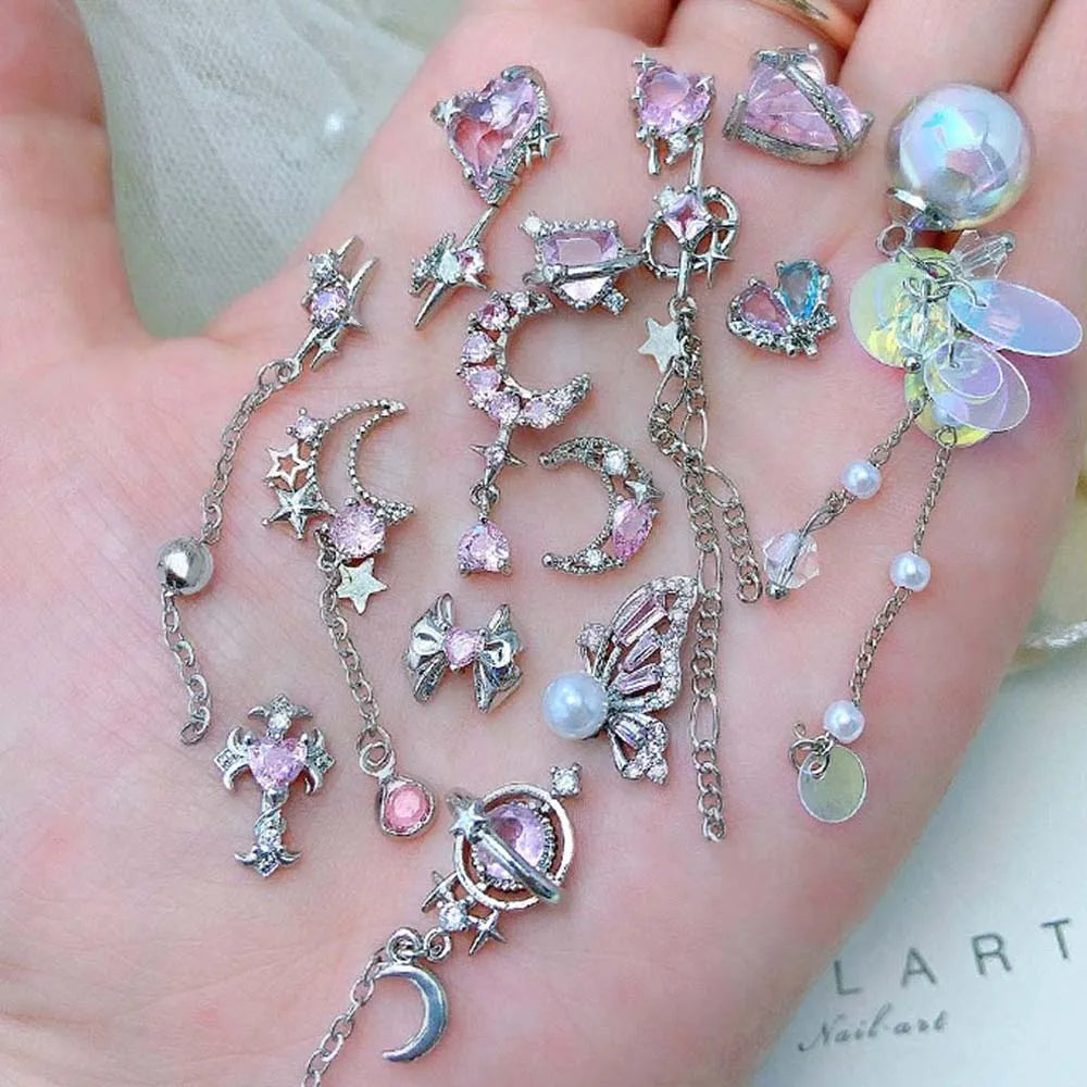 5pcs Pink Zircon Alloy Love Nail Art Charm 3D Bow Heart Moon Butterfly Planet Nail Decoration DIY Simple Design Nail Accessories