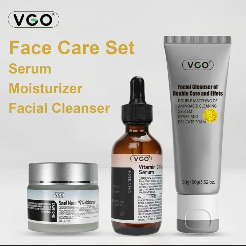 VGO Skincare Set – Vitamin C Serum + 92% Snail Mucin Moisturizer + Dual-Action Cleanser – Brightening Hydrating & Deep Cleansing