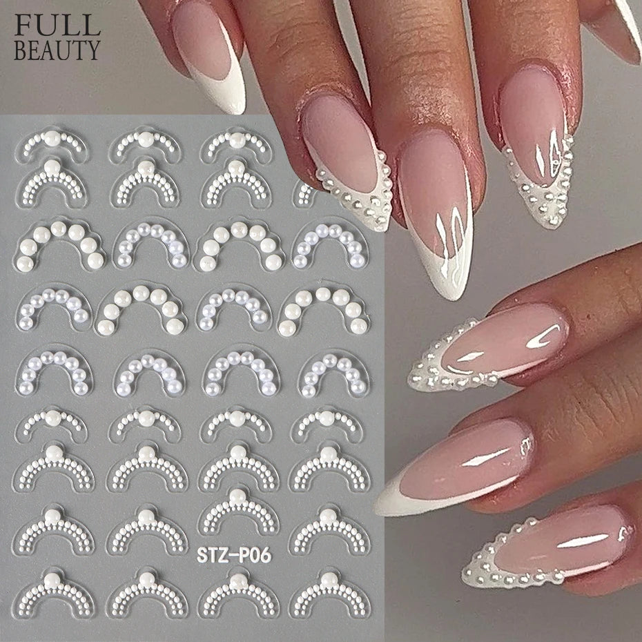 White 5D Pearl Lace Wave Lines Nail Art Stickers Elegant Exquisite Nail Decoration Decals Self Adhesive Transfer Slider Manicure