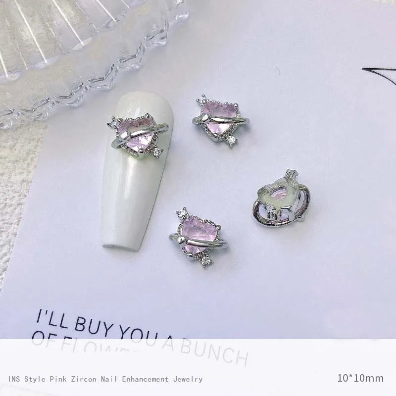 5pcs Pink Zircon Alloy Love Nail Art Charm 3D Bow Heart Moon Butterfly Planet Nail Decoration DIY Simple Design Nail Accessories
