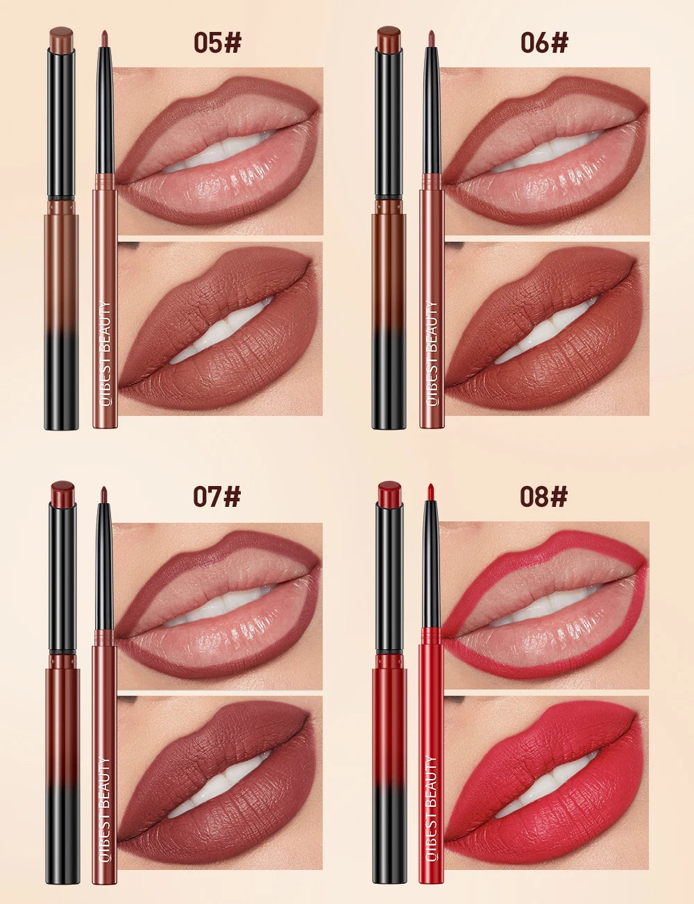 QIBEST Matte Nude Lipstick Pen Long Lasting Lipliner Lip Pencil Waterproof Lip Liner Contour Sexy Red Lip Makeup Set For Women