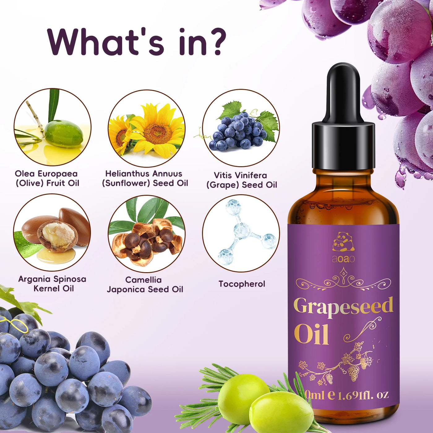 Grape Seed Oil Suitable for Face, Body, and Hair, Perfect for Massage, Scalp and Nail Natural Moisturizing Cream Bath Oil.