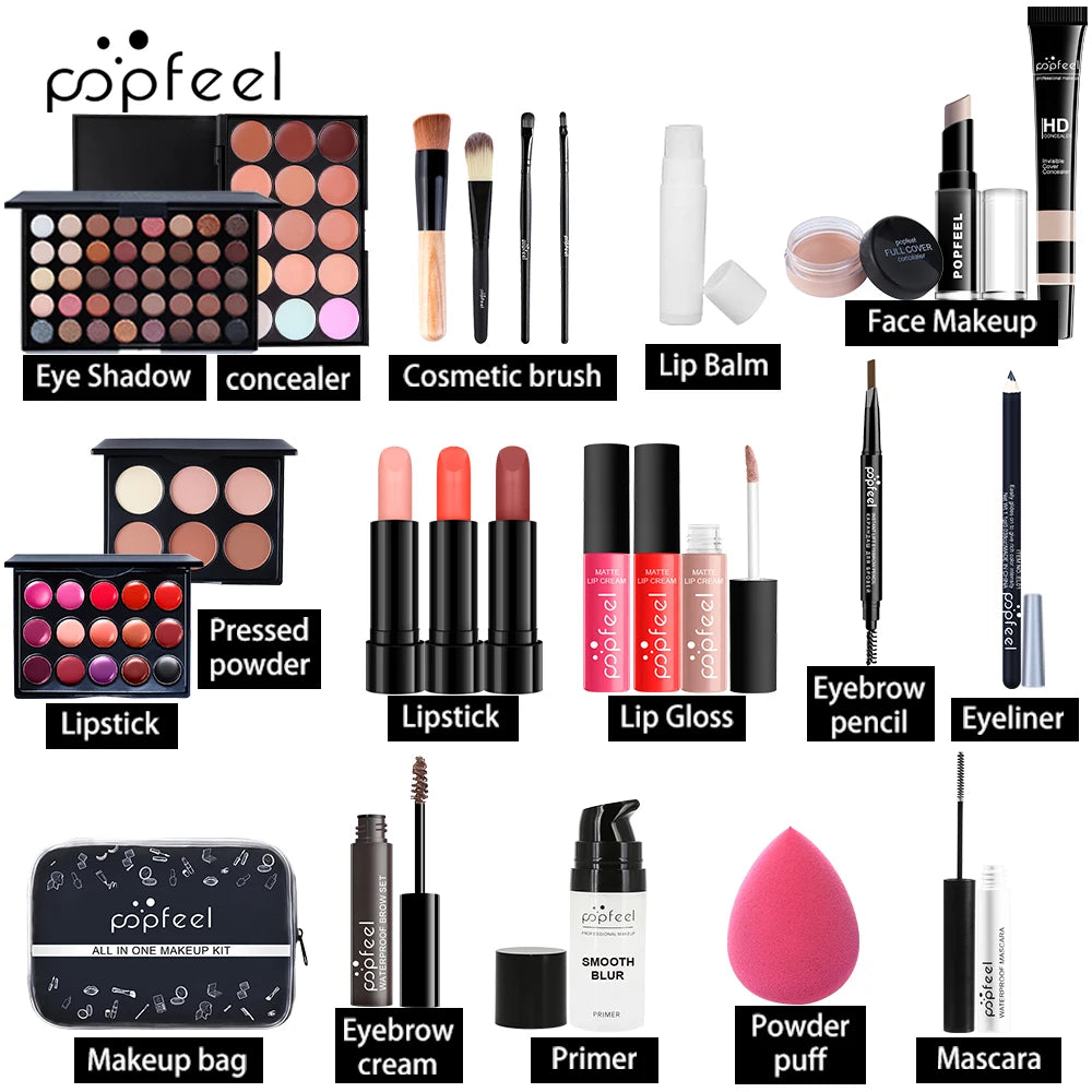 POPFEEL Beginner Makeup Set for Women，Complete Makeup Essentials Gift Kit with Eyeshadow Palette, Foundation, Concealer, Lipstic