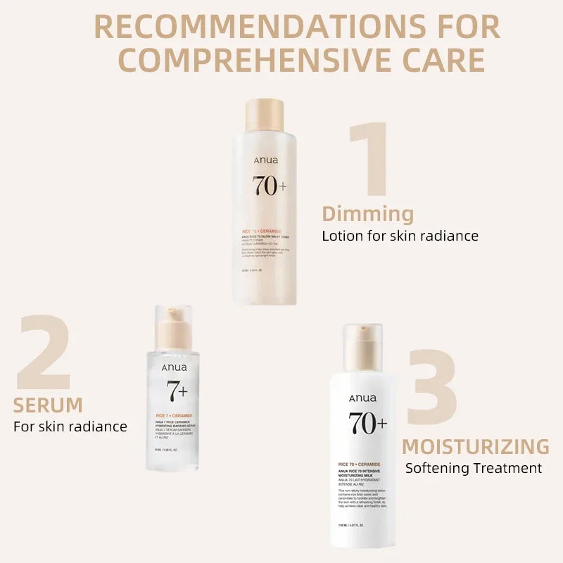 Anua Rice Hydrating Whitening Set Rice 70 Glow Milky Toner Face Acne Moisturizing Milk Lotion 7 Hydration Serum Daily Skin Care