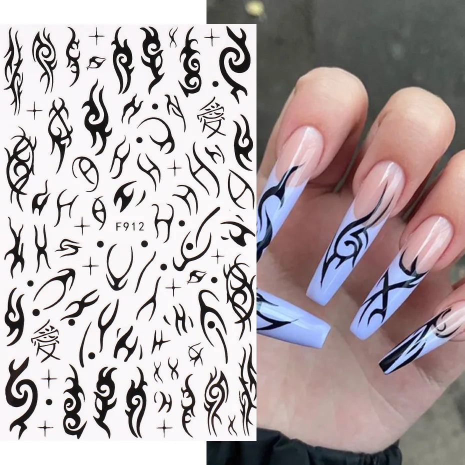 Black White Line Flower 3D Nail Sticker Nail Art Supplies Bronzing Geometric Pattern Sticker Nail Decals Nail Parts Manicure