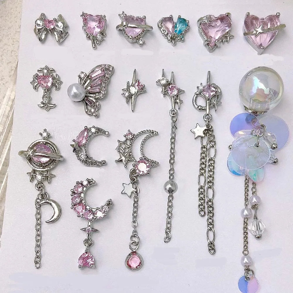 5pcs Pink Zircon Alloy Love Nail Art Charm 3D Bow Heart Moon Butterfly Planet Nail Decoration DIY Simple Design Nail Accessories