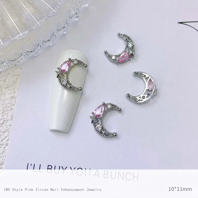 5pcs Pink Zircon Alloy Love Nail Art Charm 3D Bow Heart Moon Butterfly Planet Nail Decoration DIY Simple Design Nail Accessories