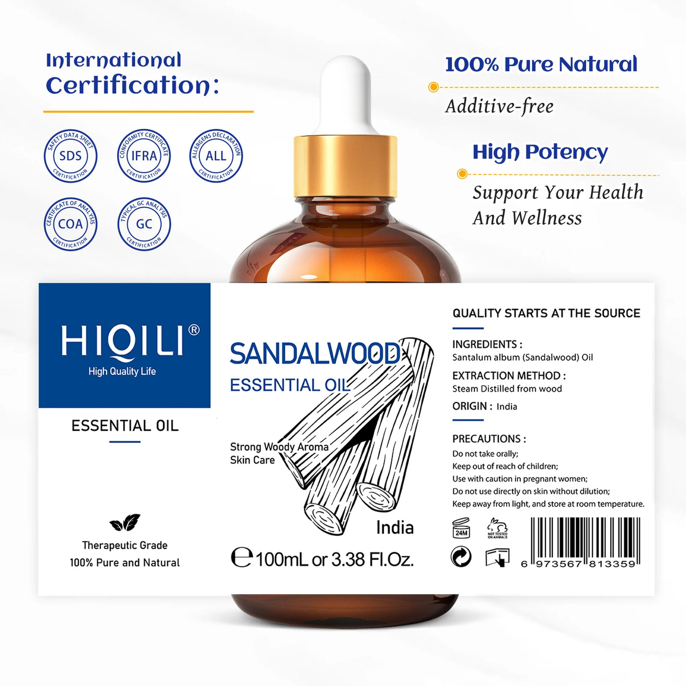 HIQILI 100ML Pure Sandalwood Essential Oil Lavender Jasmine Eucalyptus Peppermint Ylang Ylang Frankincense (Choose Scent)
