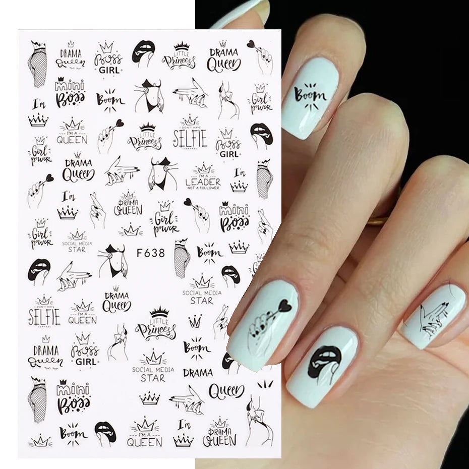 Black White Line Flower 3D Nail Sticker Nail Art Supplies Bronzing Geometric Pattern Sticker Nail Decals Nail Parts Manicure