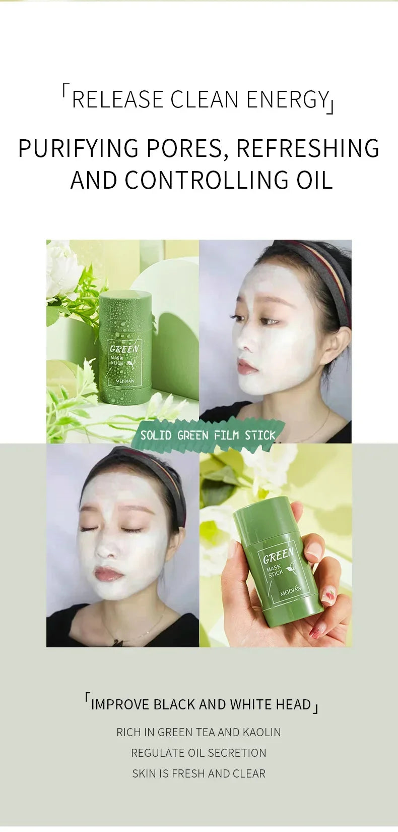 Green Tea Mask Stick Remove Blackheads Acne Deep Cleansing Purifying Clay Mask Oil Control Solid Mask Moisturizing Skin Care