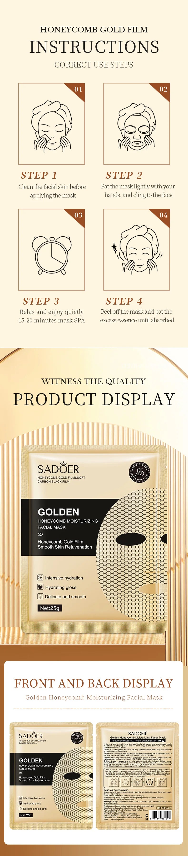 5pcs SADOER 24K Golden Moisturizing Facial Masks Face skincare Firming Nourishing Smooth Skin Rejuvenation Face Mask Sheets Mask