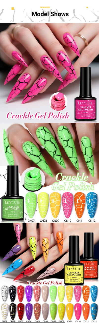 LILYCUTE 7ml Fluorescent Crackle Gel Nail Polish Summer Neon Red Green Vernis Semi Permanent UV Gel Nail Art Manicure For Nails