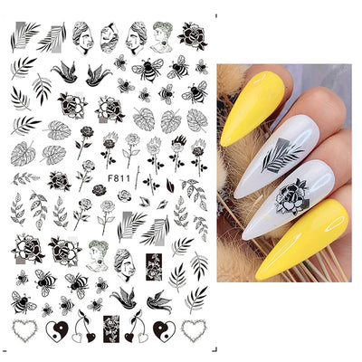 Black White Line Flower 3D Nail Sticker Nail Art Supplies Bronzing Geometric Pattern Sticker Nail Decals Nail Parts Manicure