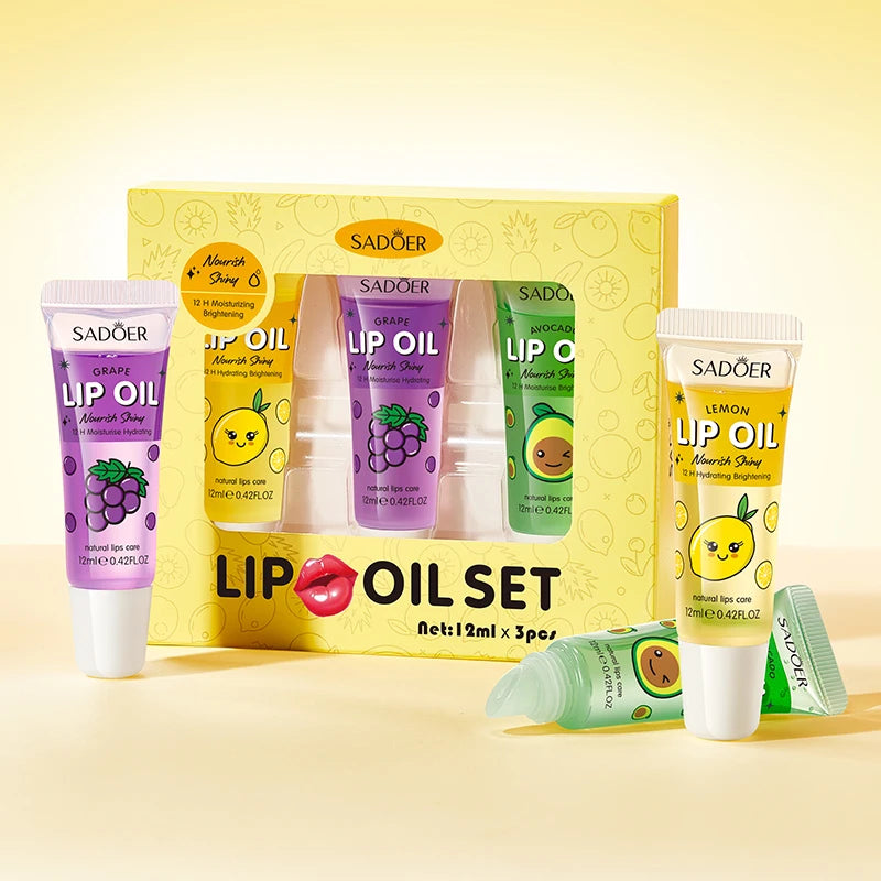 3pcs/set SADOER Crystal Jelly Lip Oil Hydrating Plumps Lip Gloss Cute Makeup Lipsticks Clear Serum Fruit Lip Balm Cosmetics Sets