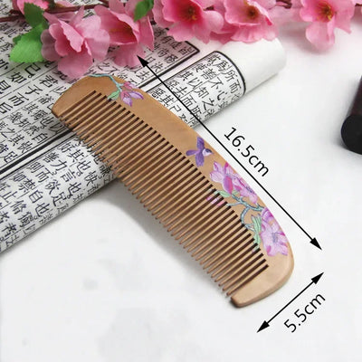 1Pcs Peach Wood Comb Flower Painted Anti-Static Natural Head Massage Comb Handmade Wooden Hair Comb Hair Styling Tools For Gift
