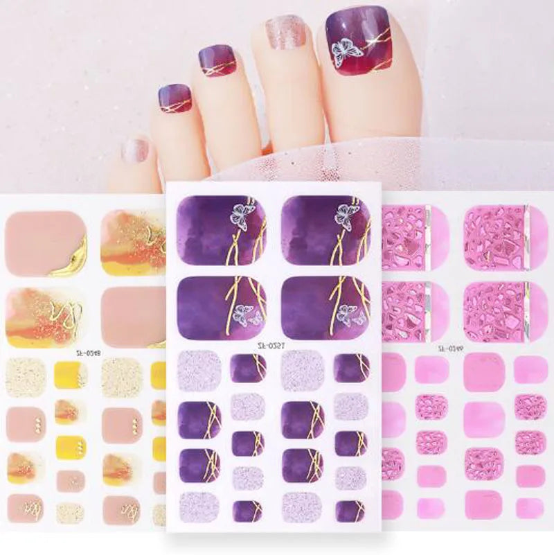 New Toe Nail Stickers Press On Full Cover Foot Nail Wraps Summer Holiday Butterfly Love Dimonds Finished Toenail Patch Tips Art