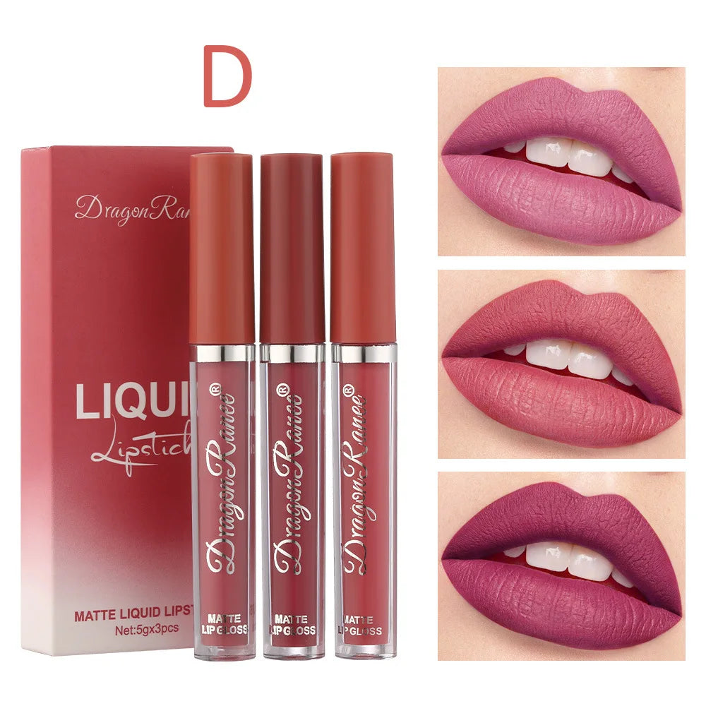 Dragon Ranee 3pcs/set Lip Glaze Velvet Matte Non-Stick Liquid Lipstick Lasting lipgloss