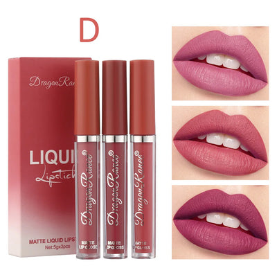 Dragon Ranee 3pcs/set Lip Glaze Velvet Matte Non-Stick Liquid Lipstick Lasting lipgloss