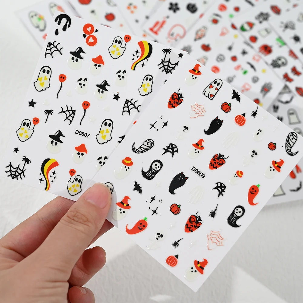 12Sheets Halloween Luminous Nail Art Stickers Cartoon Ghost /Pumpkin/Spider/Bat/Skull/Black-Cat Decals Manicure Adhesive Sliders