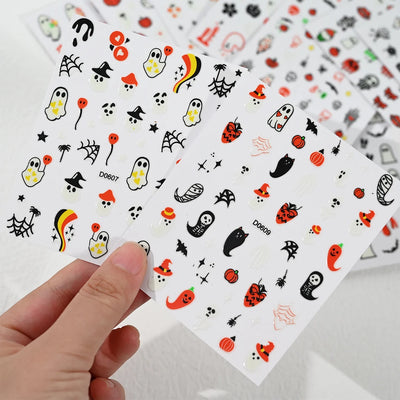 12Sheets Halloween Luminous Nail Art Stickers Cartoon Ghost /Pumpkin/Spider/Bat/Skull/Black-Cat Decals Manicure Adhesive Sliders