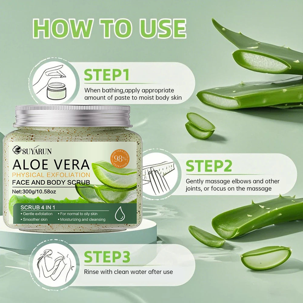 SUYARUN Natural Aloe Vera Exfoliating Scrub for Face & Body - Moisturizing Organic Formula, Gentle Skin Renewal 300g.