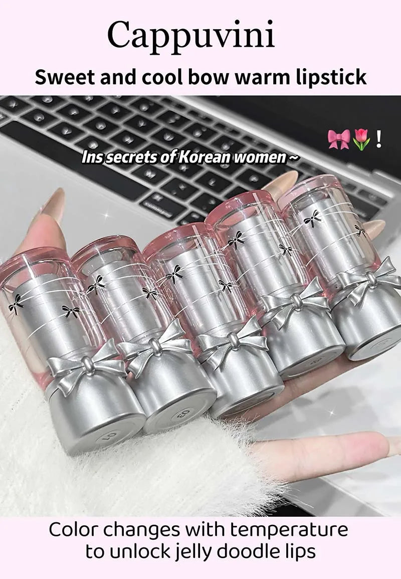 Cappuvini Sweet and Cool Bow Thermochromic Lipstick is a moisturizing and hydrating lip balm that reduces lip lines and changes