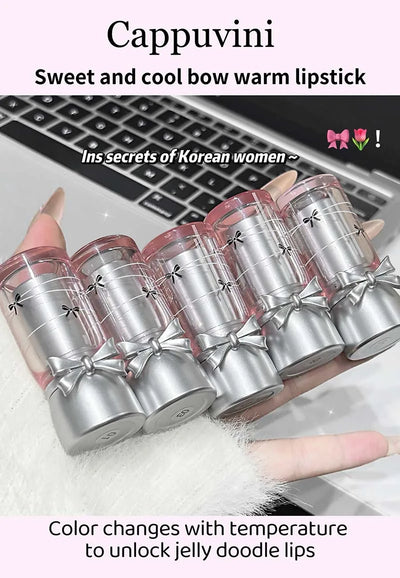 Cappuvini Sweet and Cool Bow Thermochromic Lipstick is a moisturizing and hydrating lip balm that reduces lip lines and changes