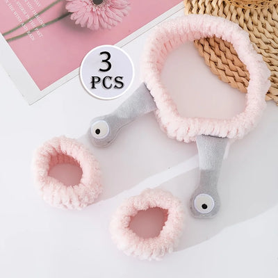 3-piece set Coral velvet snail decorative headband and, absorbent wrist towel suitable for bathing, with elastic anti slip