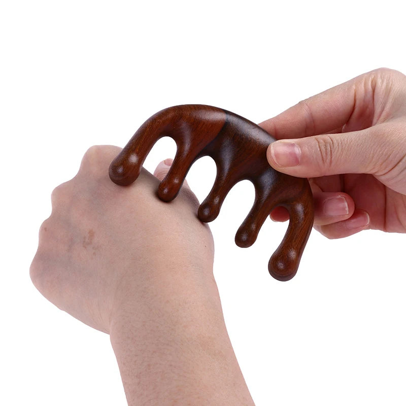 Sandalwood Head Meridian Massage Comb with Five Teeth Antistatic Massager Acupuncture Therapy Blood Circulation Wooden Combs